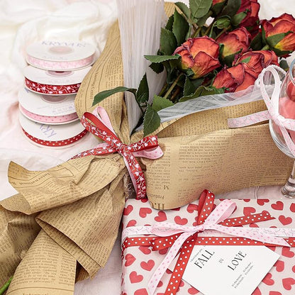 Valentine's Day Ribbon Set - 4 Rolls Heart Printed Grosgrain Ribbon, 3/8 Inch x 60 Yards Total for Gift Wrapping, Crafts, Home Decor, Party Supplies (Red, White, Pink, Hot Pink)