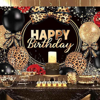 Homewelle Leopard Print Bow Happy Birthday Backdrop 5Wx3H Feet Polyester Fabric Black Gold Red Rose Cheetah Print Bownot Cool Decoration Balloon for Women Girl Photography Background Photo Shoot Props