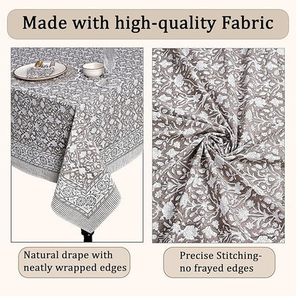 Ridhi Hand Block Print Taupe Rectangle Cotton Tablecloth 140" x 72" Reusable Table Cover Decorative Everyday Use for Dining, Farmhouse, Home Gift for Spring, Easter, Valentine