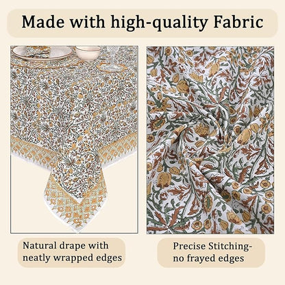 Ridhi Hand Block Print Goldenrod Yellow Rectangle Cotton Tablecloth 102" x 48" Reusable Table Cover Decorative Everyday Use for Dining, Farmhouse, Home Gift for Spring, Easter, Valentine