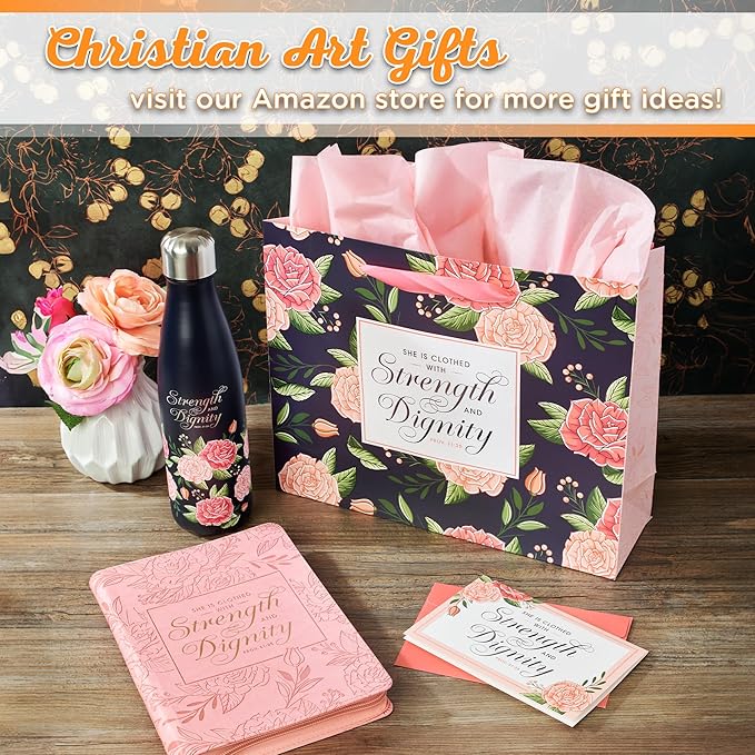 Christian Art Gifts Large Landscape Scripture Gift Bag w/Blank Greeting Card & Wrapping Tissue Paper Set for Women: Strength & Dignity Inspirational Bible Verse Proverb, Beautiful Pink Roses for