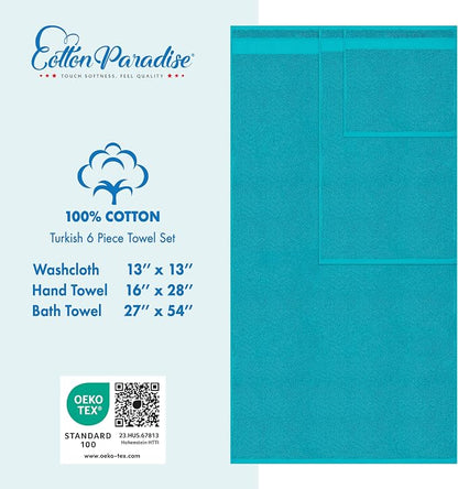 Cotton Paradise 100% Cotton Turkish Towel Set, Soft Absorbent Quick Dry, 6 Piece Towel Set, Ocean Aqua