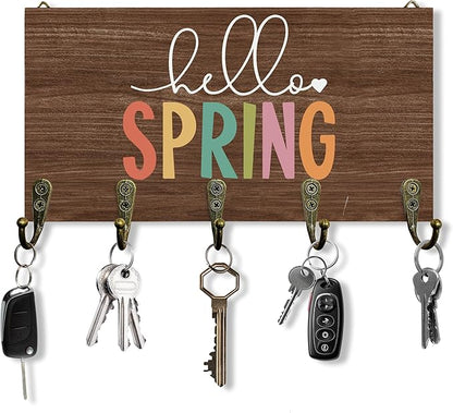 Rustic Spring Key Holder for Wall 10"x5.12", SeasonalSpring Key Hanger Wall Mount, Colorful Hello Spring Farmhouse Dark Brown Wooden Hanging Keys Holder Decor for Entryway Front Door（5 Hooks）