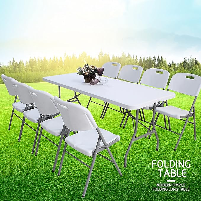 GARDENJOY 8ft Folding Table, Trestle Heavy Duty Plastic Fold-in-Half Portable Dining Table w/Carry Handle Indoor Outdoor for Camping Picnic Garden Party BBQ, GARDENJOY-FOLDABLE-240