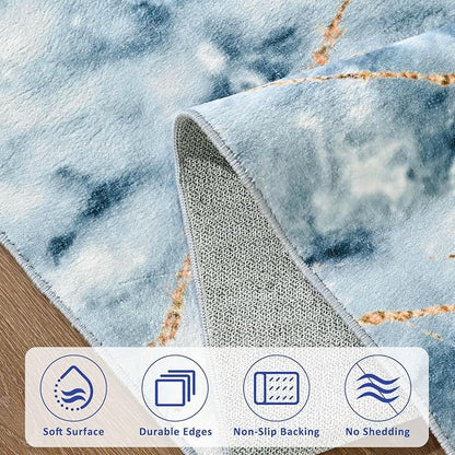 Merelax 5x8 Abstract Rug for Livingroom Bedroom - Washable Non-Slip Modern Area Rug, Indoor Floor Carpet Low Pile Soft Rug for Dining Room, Mudroom, Aesthetic Geometric Decor, Blue/Gold