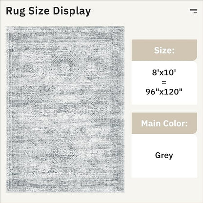 Soalmost Washable Area Rug 8x10, Large Soft Rugs for Living Room Farmhouse Vintage Gray Area Rugs for Bedroom Dining Room Non-Slip Stain Resistant Under Table Rug Grey