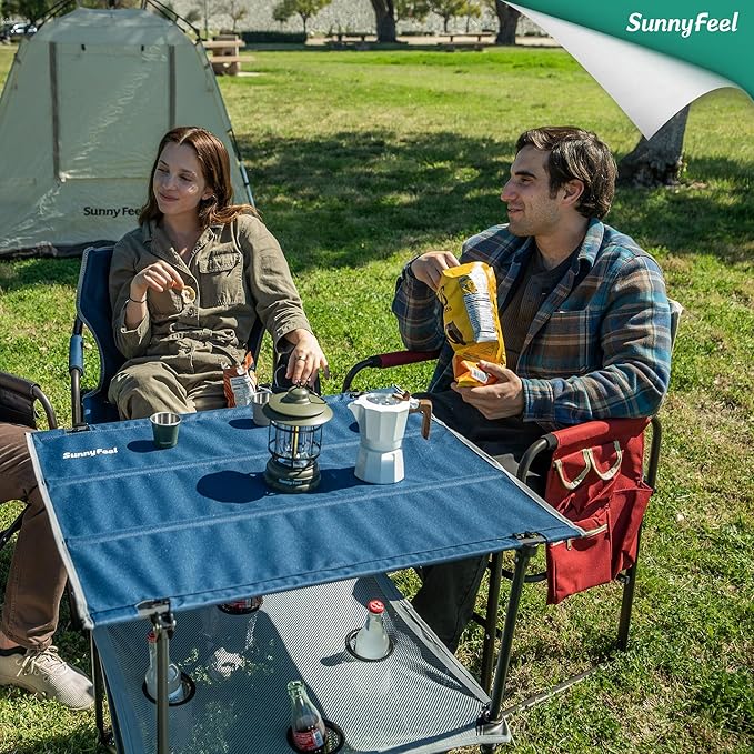 SUNNYFEEL Folding Camping Table- Collapsible Portable Beach Table with 4 Cup Holders & Carry Bags, Tailgate Table for Outdoor Excursion Picnic Hiking Fishing Travel Parties, Blue
