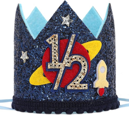 Outer Space 1/2 Birthday Crown - Planet Half Way to One Birthday Decorations,Dark Blue Glitter Space Party Crown,Little Astronaut 6 Month Party Photo Props,Rocket Cake Smash Headwear