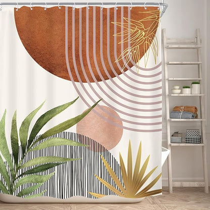 KOMLLEX Mid Century Green Boho Shower Curtain 60Wx72L Inches Abstract Modern Brown Shower Curtain for Bathroom Decor Plant Botanical Minimalist Arch Sun Fabric Liner Waterproof Polyester 12 Pack Hooks