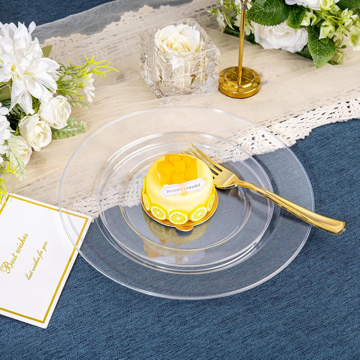 FLOWERCAT 200PCS Clear Plastic Plates Disposable Plates for Party - Heavy Duty Plastic Plates - 100 10"Dinner Plates and 100 7" Salad Plates for Weddings, Easter Parties and Events