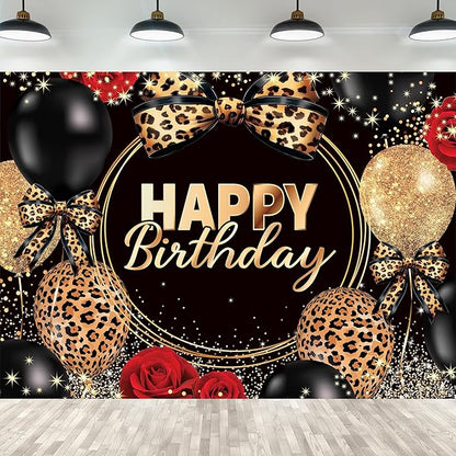 Homewelle Leopard Print Bow Happy Birthday Backdrop 5Wx3H Feet Polyester Fabric Black Gold Red Rose Cheetah Print Bownot Cool Decoration Balloon for Women Girl Photography Background Photo Shoot Props