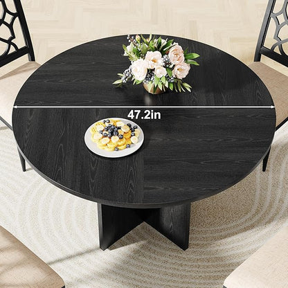 47 Inch Round Dining Table for 4-6 People, Rustic Circle Kitchen Table with X-Shaped Stable Pedestal, Dinner Table for Dining Room Kitchen Living Room, Black