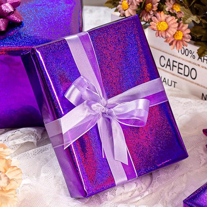 Burymento Purple Wrapping Paper Roll, Metallic Holographic Point Gift Wrap for Birthday, Valentines, Mothers day, Graduation, Wedding, Fathers day, Baby Shower, Christmas (17 IN x 32.8 FT)