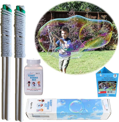 | Made in USA | Includes Two Wooden Wands, a Tips/Tricks Booklet, and 1 Large Bottle of Bubble Mix - Makes Gallons of Big Bubble Solution for Parties and Fun (Party: 2 Wands and Large Mix)