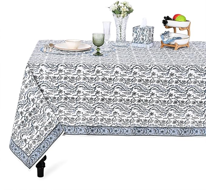 Ridhi Hand Block Print Baby Blue Eyes Rectangle Cotton Tablecloth 190" x 72" Reusable Table Cover Decorative Everyday Use for Dining, Farmhouse, Home Gift for Spring, Easter, Valentine