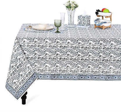 Ridhi Hand Block Print Baby Blue Eyes Rectangle Cotton Tablecloth 190" x 72" Reusable Table Cover Decorative Everyday Use for Dining, Farmhouse, Home Gift for Spring, Easter, Valentine