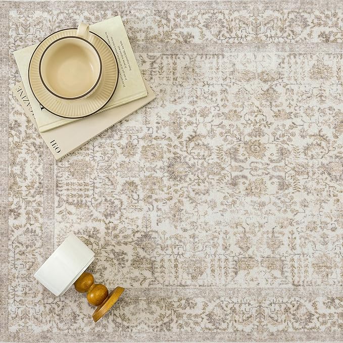 PureCozy Light Brown Area Rug 3x5 Entryway Washable Kitchen Vintage Distressed Non Slip Carpet Indoor Retro Floral Accent Throw Door Mat for Bathroom Bedroom Dining Living Room