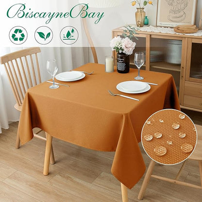 Biscaynebay Fall Tablecloth Textured Fabric Square Tablecloths 90x90 Inch, Bronze Thanksgiving Autumn Harvest Water Resistant Fabric Tablecloths for Kitchen, Dining, Wedding, Parties Machine Washable