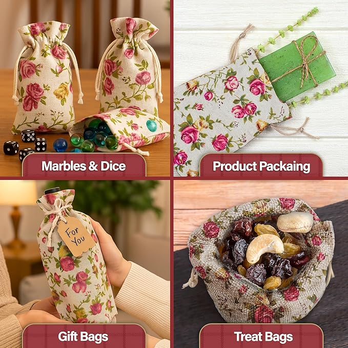 Mandala Crafts 14X6 Inch Rose Burlap Drawstring Gift Bags for Favors - 15 Long Linen Sacks Gift Pouches for Wine Bags