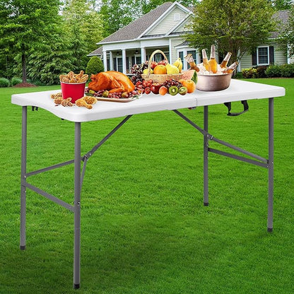 4Ft Plastic Folding Table,Fold-in-Half Portable Picnic Table Outdoor for Camping,Party,Wedding,Kitchen,Beach,with Lock,Handle,White-Straight Leg