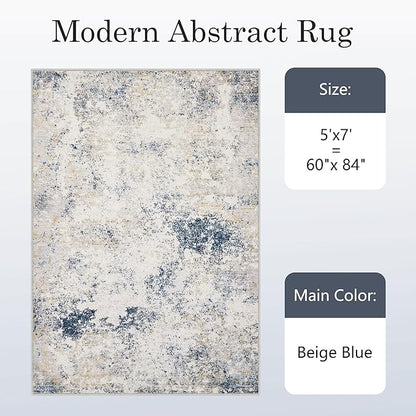 5x7 Washable Area Rugs - Modern Abstract Rugs for Living Room Non-Slip Low Pile Soft Machine Washable Carpet for Bedroom, Dining Room, Nursery, Home Office, Farmhouse (5'x7' Beige Blue)