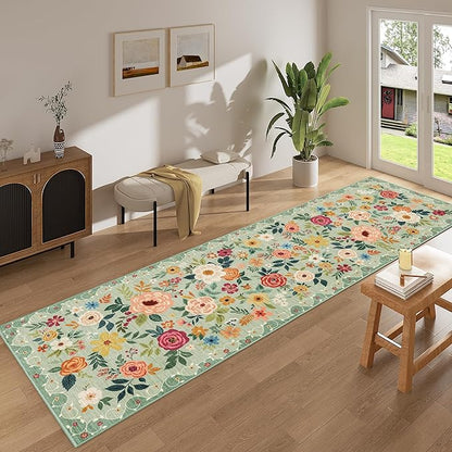 DUKINO 3x10 Runner Rug for Hallway, Washable Kitchen Floral Runner Rug with Non Slip Backing, Low Pile Soft Boho Carpet for Kitchen, Hallway, Entryway, Laundry, Bedroom, Green