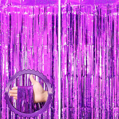 2 Pack Purple Tinsel Foil Fringe Curtains, Purple Party Decorations, Metallic Tinsel Party Streamers Backdrop for Halloween Mermaid Bachelorette Graduation Party Decorations