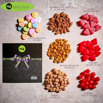 NUT CRAVINGS - Halloween Treats For Adults Mixed Nuts & Heart Candy Gift Basket in Red Gold Box (7 Assortments, 1 LB) Holiday Xmas Christmas Food Arrangement, Healthy Snack Care Package