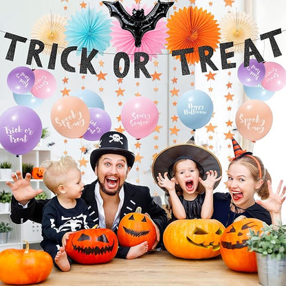Cheerland Halloween Balloons Colorful Halloween Party Decoations Bat Garlands Pastel Halloween Decor Cute Ceiling Backdrop Photobooth Decor Star Streamers TTrick or Treat Banner Orange Paper Fan 23pcs