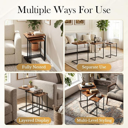 SUPER DEAL Nesting Tables Set of 3, Industrial C Shaped End Table Stackable