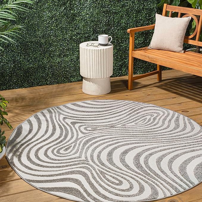 JONATHAN Y Maribo High-Low Abstract Striped Gray/Ivory 7' Round Indoor/Outdoor Area Rug, Pet Friendly, Non-Shedding, Stain Resistant, Easy-Cleaning for Backyard, Patio, Porch (SCN103B-7R)