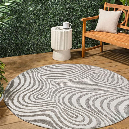 JONATHAN Y Maribo High-Low Abstract Striped Gray/Ivory 7' Round Indoor/Outdoor Area Rug, Pet Friendly, Non-Shedding, Stain Resistant, Easy-Cleaning for Backyard, Patio, Porch (SCN103B-7R)