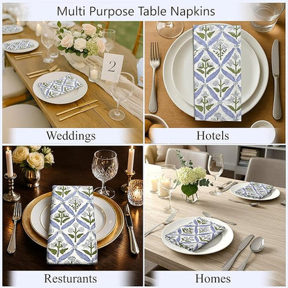Ridhi Light Steel Blue Hand Block Print 100% Cotton Napkins 18" x 18" (Set of 4) Reuseable Kitchen Napkins Cloth Decor Dinner Party Wedding Cocktail Gift for Spring, Easter, Valentine