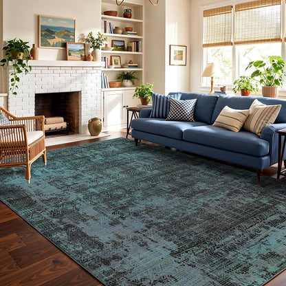 Kokia Abstract Area Rugs 9x12 Bedroom Washable Decor Low Pile Non-Slip Non-Shedding Indoor Deep Teal Carpet Foldable Stain Resistant Floor Mat Living Room Dining Room, Ocean Teal