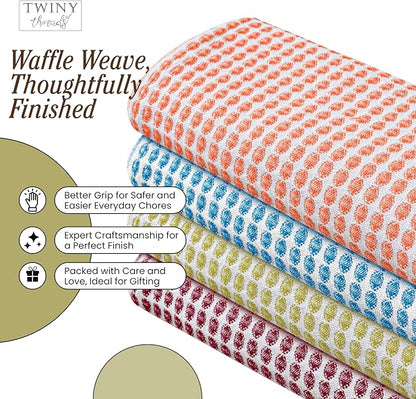 TWINY threads 4 Pack Circle Waffle Kitchen Dish Towels 16"x26", 100% Cotton, Super Absorbent, Heavy Duty, Quick Drying Dishcloth Set, Premium Wash Rags, Great for Drying Dishes, Cleaning, Multicolor