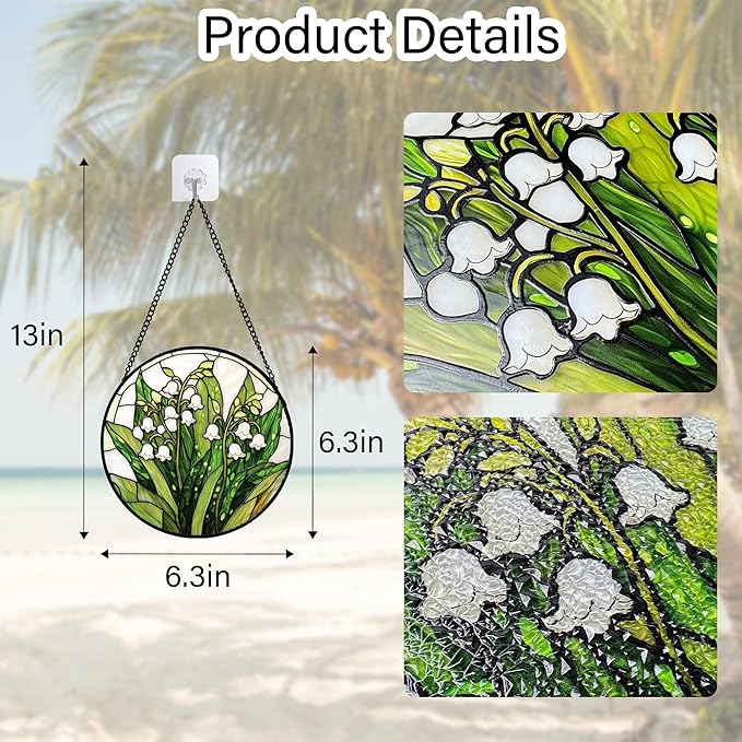 Stained Glass Window Hanging, Lily of The Valley Flower Sun Catchers Colorful Glass Panel Green Plants Suncatcher Decor for Birthday for Women,Men,Wife, Lovers, and Mom 6.3 in