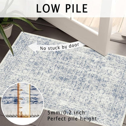 3x5 Rug, Small Area Rug for Living Room, Bedroom, Kitchen, Machine Washable Non-Slip Throw Rug, Vintage Distressed Floral Carpet for Entryway Nursery Dinner Room - Durable (Blue)