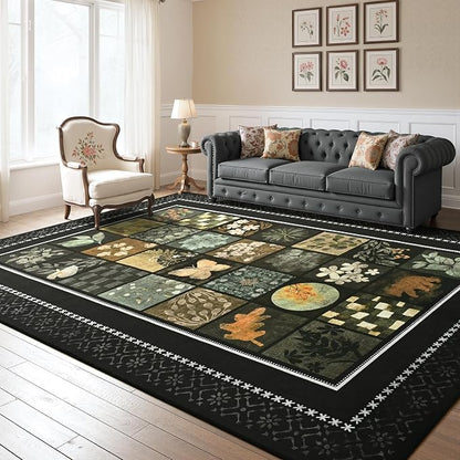Tepook 4x6 Area Rugs for Living Room, Modern Large Geometric Rug for Bedroom, Washable Patchwork Rug Indoor Non Slip Throw Carpets for Dining Room Office Farmhouse Home Decor, Black