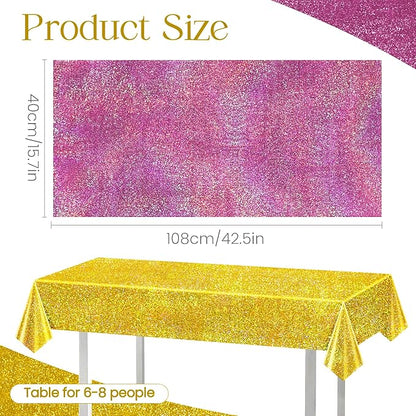 Just Shimmer Sparkling Pink & Gold Holographic Laser Tablecloth - Shimmering, Waterproof, Easy to Clean - Ideal for Bachelorette, Birthday, Wedding, and Anniversary Party Decorations