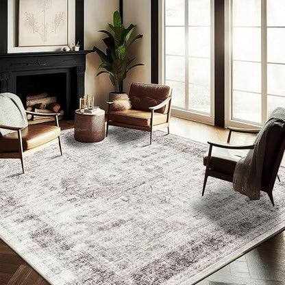 CHAMPLANT Washable Area Rug 8'x10' Floral red Boho Design Non-Shedding Non-Slip Easy Care Ideal for High Traffic Areas in Living Room Bedroom Office Coffee Table Kitchen Large Carpet