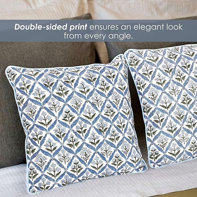 SheetKart Cotton Throw Pillow Covers - Set of 2 - Hand Block Cotton Printed Boho Decorative Pillow Covers - Cushion Covers for Living Room, Bohemian Theme, 17x17 Inches, Floral Blue