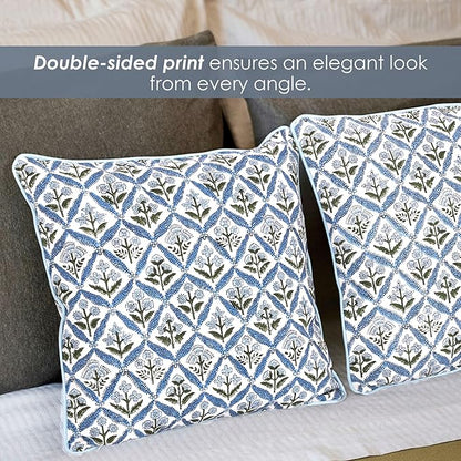 SheetKart Cotton Throw Pillow Covers - Set of 2 - Hand Block Cotton Printed Boho Decorative Pillow Covers - Cushion Covers for Living Room, Bohemian Theme, 17x17 Inches, Floral Blue