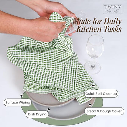 TWINY threads Circle Waffle Kitchen Towels 4 Pack, 16x26 Inches, 100% Cotton, Quick Drying, Absorbent, Soft, Reusable Wash Rags, Perfect for Drying Hands, Cooking, Baking, Daily Use, Mint Green