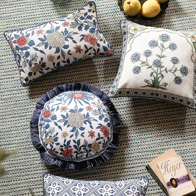 patdrea Designer Throw Pillow Covers Set of 2,Euro Elegant Linen with Colorful Blooming Floral Pattern Pillow Cover,Decorative Lumbar Pillowcases Cushion for Bed Living Room Outdoor Car,12"x20"