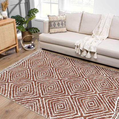 5x7 Area Rugs - Ultra-Thin Washable Rug with Non-Slip Backing, Ideal for Living Room, Bedroom, Kitchen Floor Carpet - Western Style, Easy Clean, Durable, Brown Red