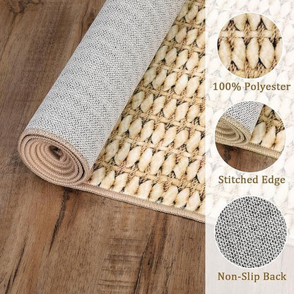 9x12 Area Rug Washable Modern Braided Rug for Living Room Low Pile Soft Bedroom Rugs Non Slip Modern Indoor Large Carpet Thin Foldable Distressed Woven Print Carpet for Nursery Dining Playroom, Camel