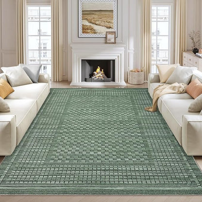 Washable Rugs 8 x 10 Rug for Living Room Modern Green Bedroom Rug Checkered Farmhouse Plaid Large Area Rug Non Slip Throw Rugs Soft Low Pile Stain Resistant Carpet for Nursery 8'x10' Green