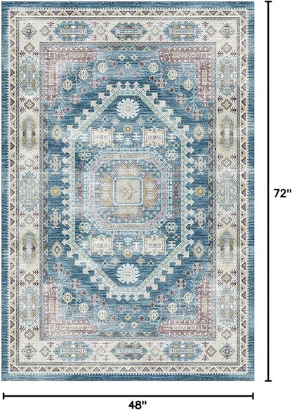 vivorug 4x6 Rug, Small Area Rug for Living Room, Bedroom, Kitchen, Machine Washable Non-Slip Throw Rug, Vintage Distressed Medallion Carpet for Entryway Nursery Dinner Room - Durable (Blue)