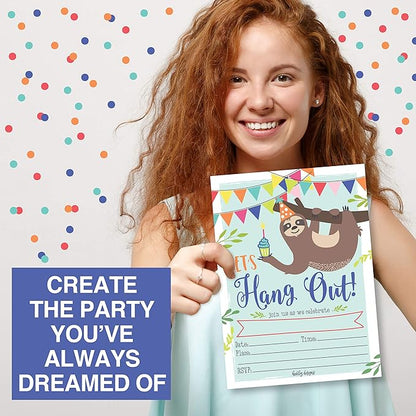 Hadley Designs Kids Birthday Invitations For Boys and Girls Sloth Theme - 25 Sloth Birthday Party Invitations For Boys, Let's Hang Out Invites For Girls, Cute Animal Party Supplies, Made In USA