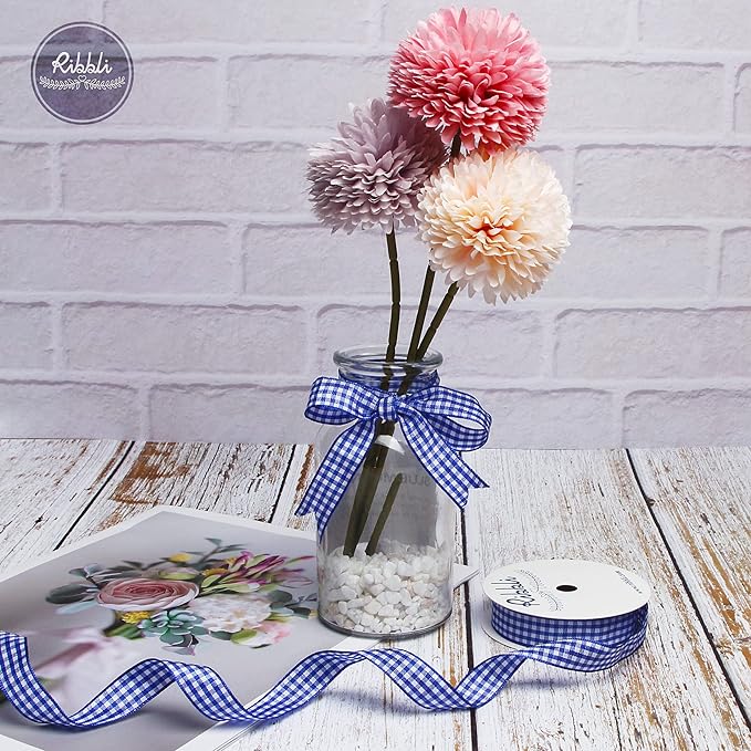 Ribbli Electric Blue and White Gingham Ribbon,100% Polyester Woven Edge,5/8 Inch x 10 Yard,Plaid Ribbon Use for Gift Wrapping,Floral Design,Hair Bows